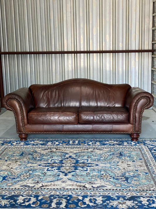Vintage Klaussner Full Grain Leather Camelback Sofa
